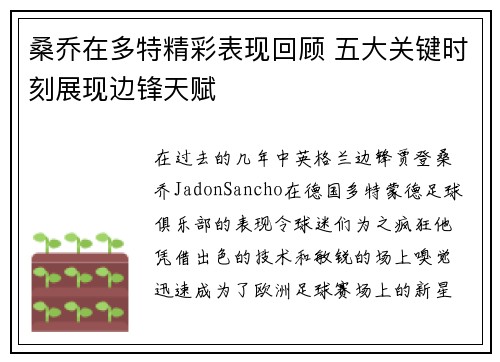 桑乔在多特精彩表现回顾 五大关键时刻展现边锋天赋