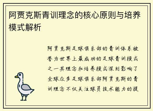 阿贾克斯青训理念的核心原则与培养模式解析